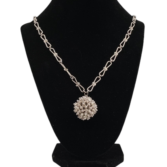 Vintage D'Orlan Silver Metal Necklace with Orb Pendant Bow Knot Chain 7o's Glam - Picture 1 of 13